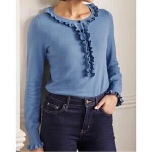 Boden Sweater Lara Frill Henley Ruffle Blue Women's Sz 8  Wool Cotton Blend